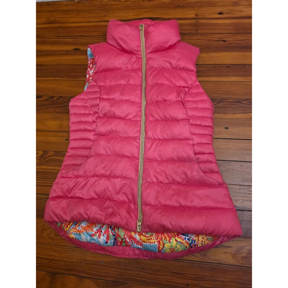Lilly Pulitzer Pink Puffer Vest Floral Print Lining Mock Neck Gold Zip Small